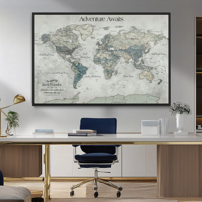 Customize Push Pin World Map Wall Canvas Print – Personalized Travel Tracker with Pins – Framed Custom Quotie Canvas for Home Office Decor