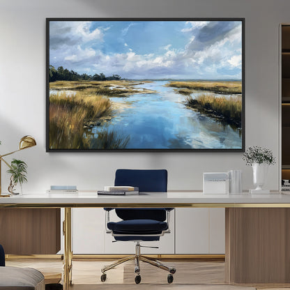 A beautiful, painterly landscape of a calm river winding through a marsh, with vibrant green grasses and a bright blue sky filled with fluffy clouds.
