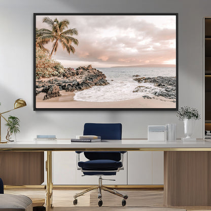 A peaceful beach scene with a palm tree and rocks, soft waves washing onto the shore under a soft pastel sky at sunset.
