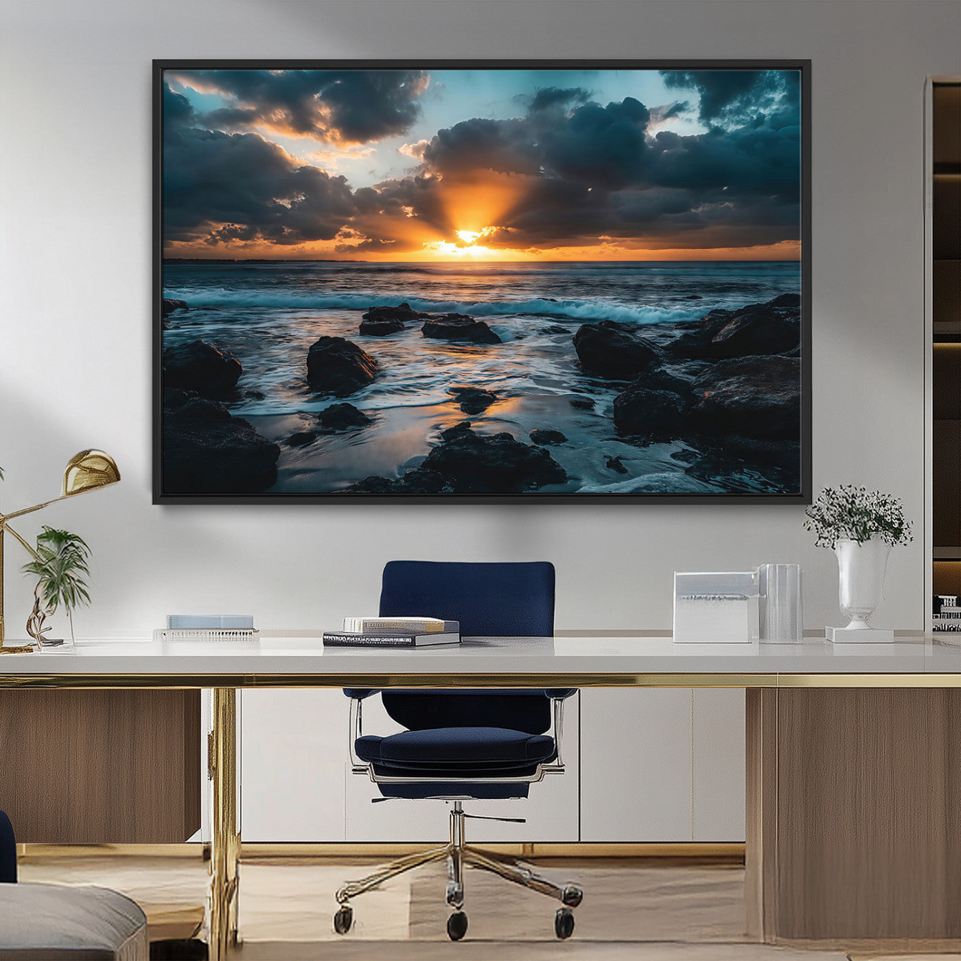 An awe-inspiring sunset over the ocean with rays of light piercing through dramatic clouds, creating a beautiful seascape with rocks in the foreground.
