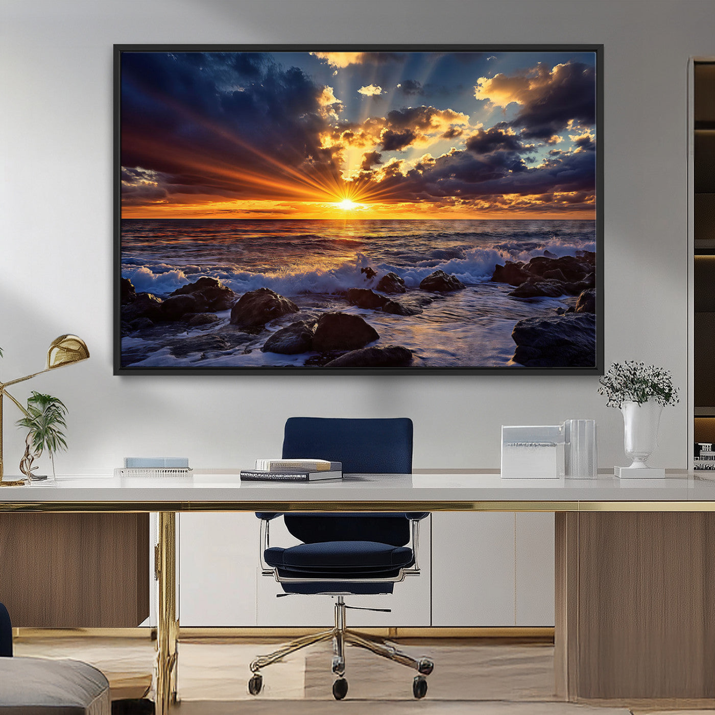 An explosive sunset over the ocean with dramatic clouds and rays of sunlight reflecting off the water, creating a vibrant and captivating view.