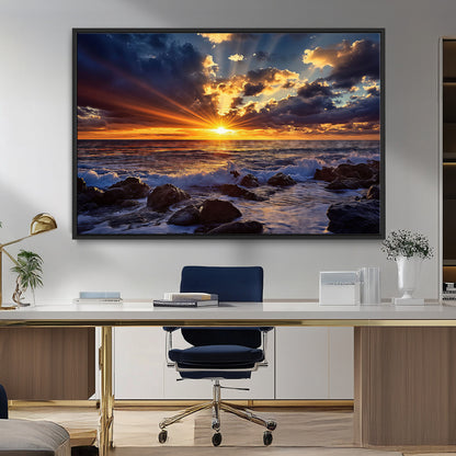 An explosive sunset over the ocean with dramatic clouds and rays of sunlight reflecting off the water, creating a vibrant and captivating view.