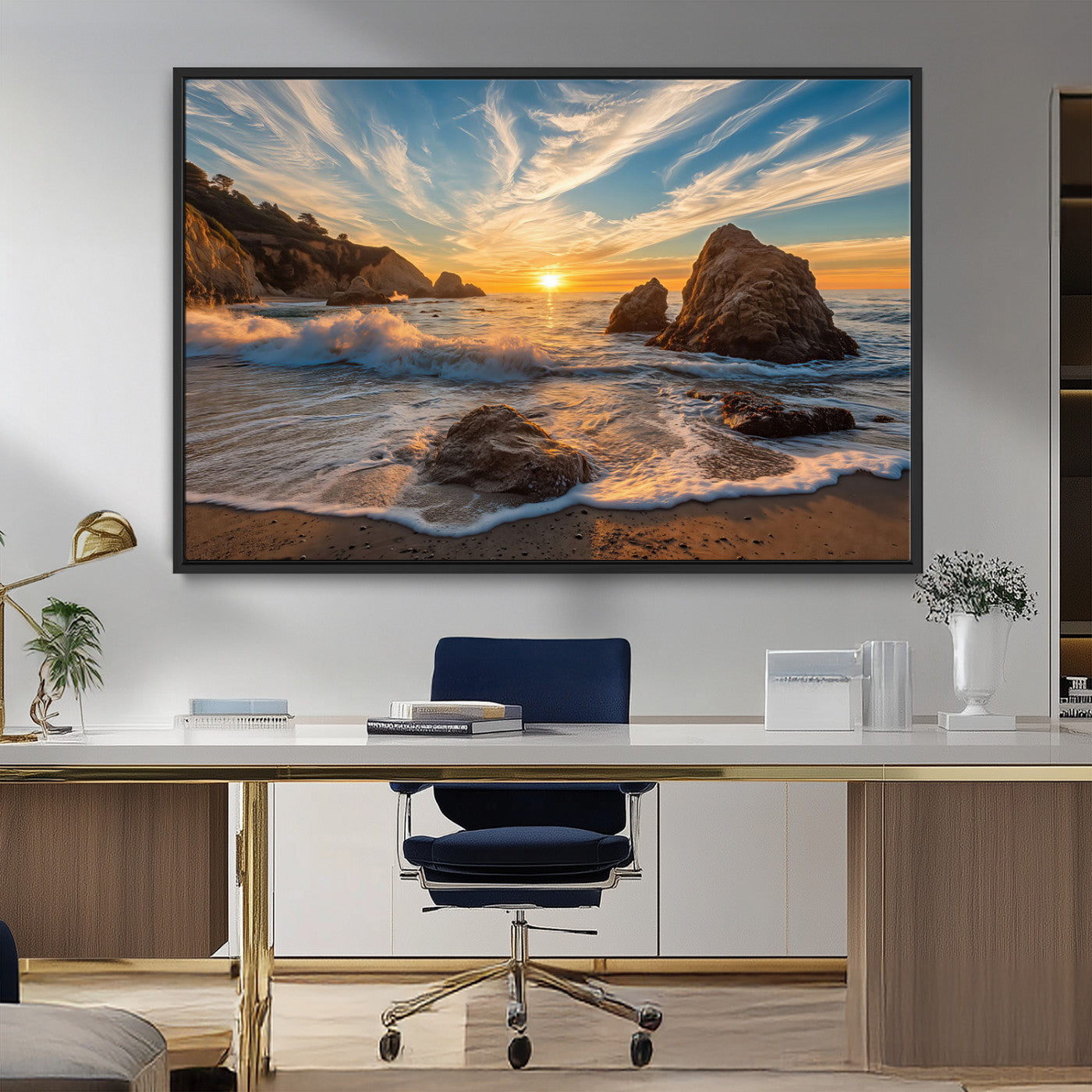 Rocky Ocean Sunset Wall Art Print, Seaside Canvas Wall Art, Dramatic Seascape Canvas Print for Coastal Modern Decor, Ocean Sunset Art Printing