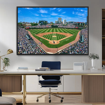 Wrigley Field Baseball Stadium Canvas Wall Art, Packed Crowd Sports Stadium Print, City Skyline Baseball Field Canvas for Game Room Decor