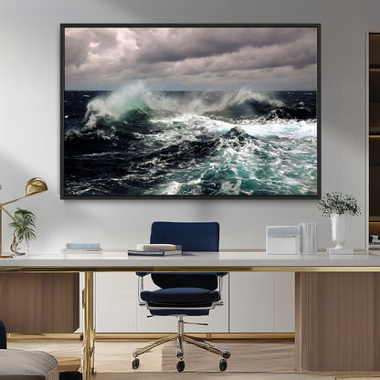 Powerful ocean waves crashing under stormy skies, creating a dynamic and intense seascape.