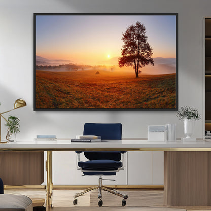 A tranquil landscape at sunrise with a mist-covered field and a lone tree, creating a peaceful and natural atmosphere.