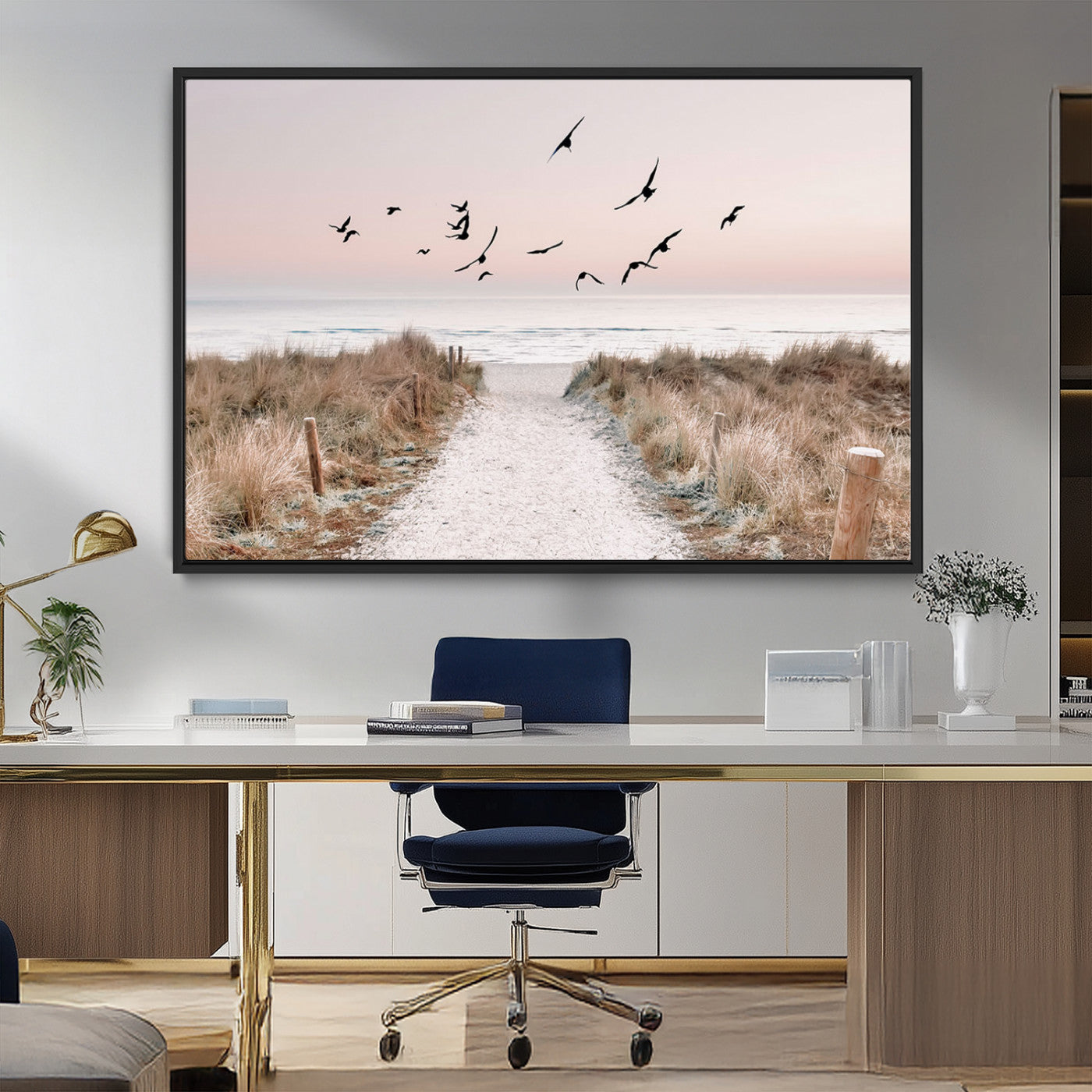A peaceful coastal pathway leading to the ocean, with birds flying across a soft pastel sky, creating a calm and scenic beach atmosphere.