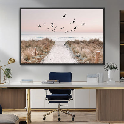 A peaceful coastal pathway leading to the ocean, with birds flying across a soft pastel sky, creating a calm and scenic beach atmosphere.