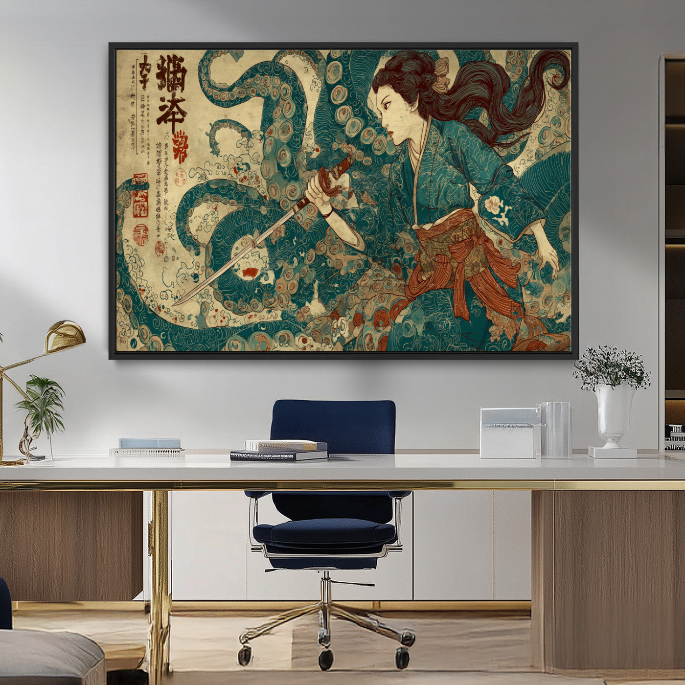 Tsukioka Yoshitoshi Samurai Wall Art Print, Japanese Katana Warrior Canvas Wall Art, Octopus Sea Monster Canvas Print,