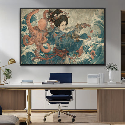 Tsukioka Yoshitoshi Samurai Wall Art Print, Japanese Katana Warrior Canvas Wall Art, Octopus Sea Monster Canvas Print,