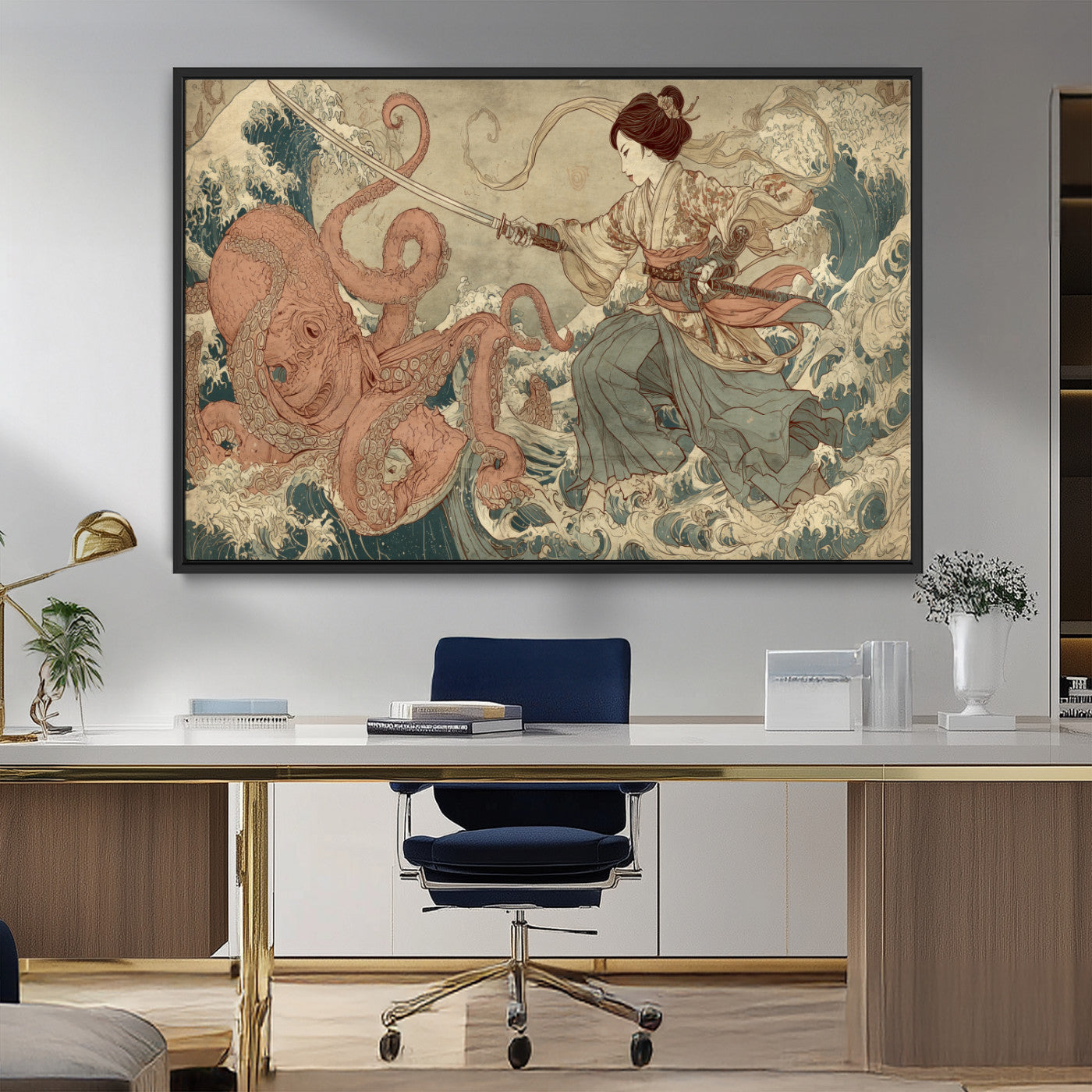 Tsukioka Yoshitoshi Samurai Wall Art Print, Japanese Katana Warrior Canvas Wall Art, Octopus Sea Monster Canvas Print,