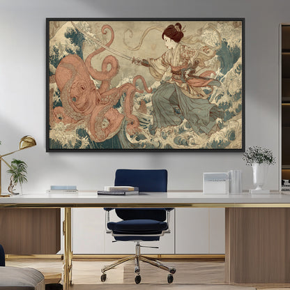 Tsukioka Yoshitoshi Samurai Wall Art Print, Japanese Katana Warrior Canvas Wall Art, Octopus Sea Monster Canvas Print,