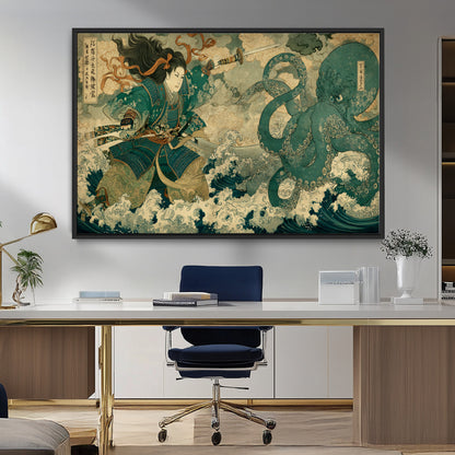 Tsukioka Yoshitoshi Samurai Wall Art Print, Japanese Katana Warrior Canvas Wall Art, Octopus Sea Monster Canvas Print,
