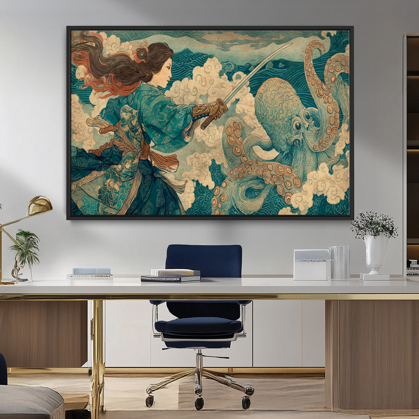 Tsukioka Yoshitoshi Samurai Wall Art Print, Japanese Katana Warrior Canvas Wall Art, Octopus Sea Monster Canvas Print,