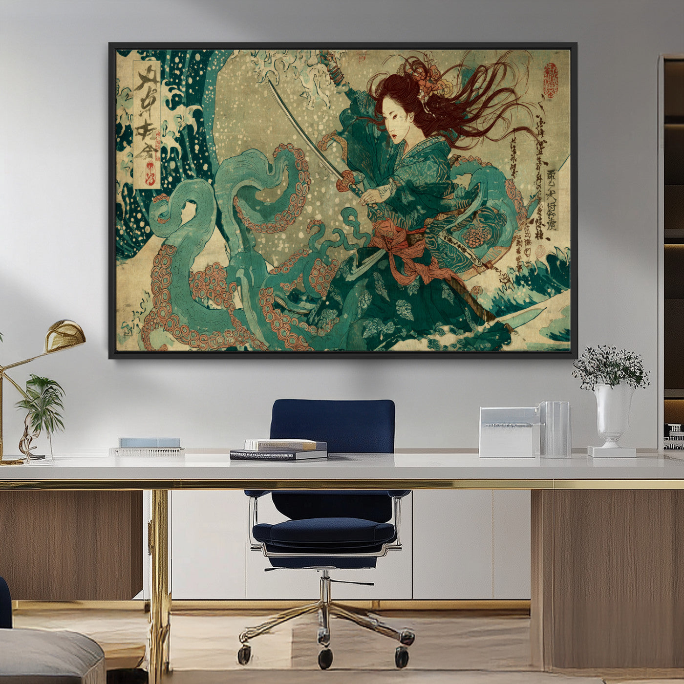 Tsukioka Yoshitoshi Samurai Wall Art Print, Japanese Katana Warrior Canvas Wall Art, Octopus Sea Monster Canvas Print,