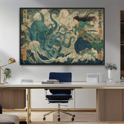 Tsukioka Yoshitoshi Samurai Wall Art Print, Japanese Katana Warrior Canvas Wall Art, Octopus Sea Monster Canvas Print,