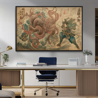 Tsukioka Yoshitoshi Samurai Wall Art Print, Japanese Katana Warrior Canvas Wall Art, Octopus Sea Monster Canvas Print,