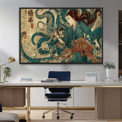 Tsukioka Yoshitoshi Samurai Wall Art Print, Japanese Katana Warrior Canvas Wall Art, Octopus Sea Monster Canvas Print,
