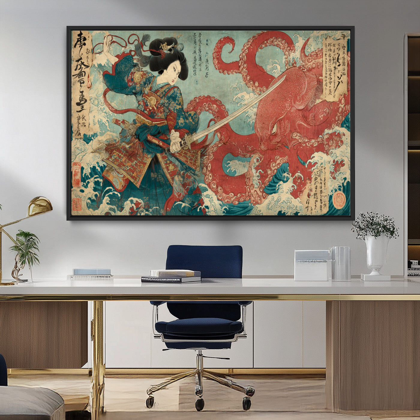 Tsukioka Yoshitoshi Samurai Wall Art Print, Japanese Katana Warrior Canvas Wall Art, Octopus Sea Monster Canvas Print,