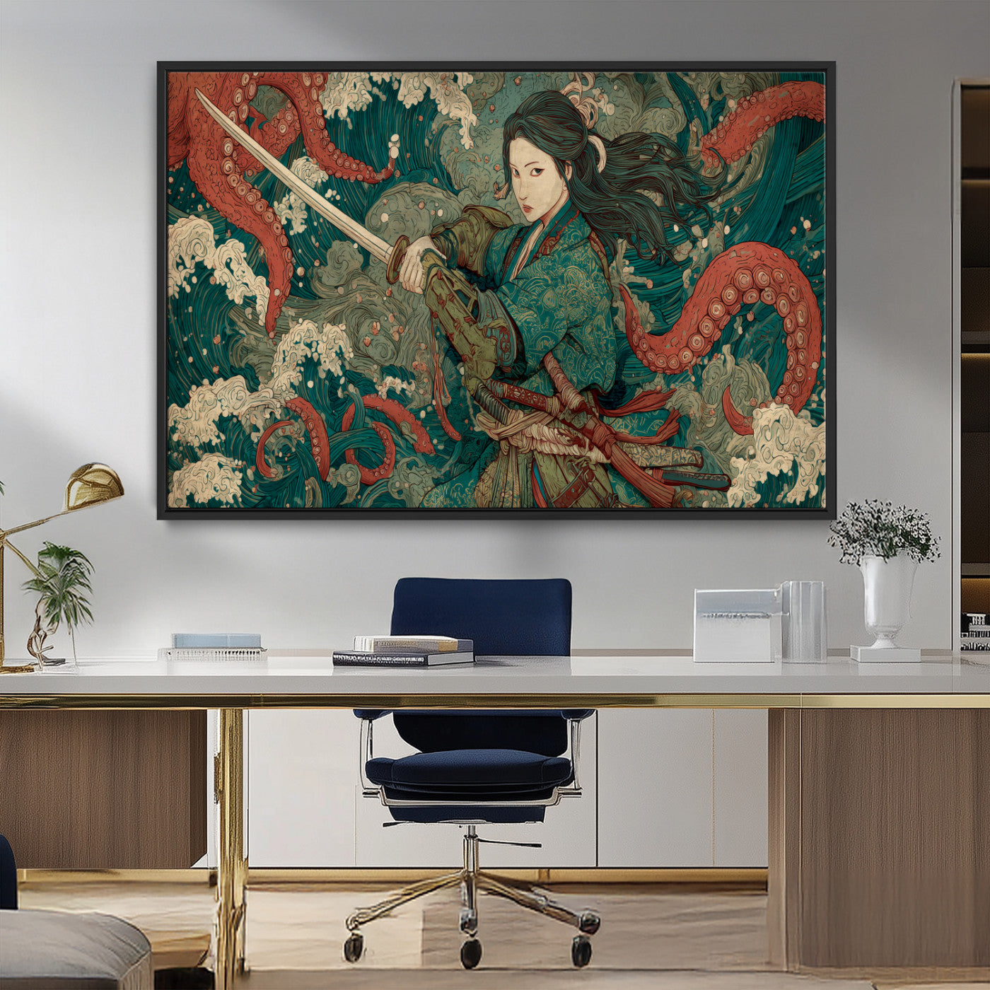 Tsukioka Yoshitoshi Samurai Wall Art Print, Japanese Katana Warrior Canvas Wall Art, Octopus Sea Monster Canvas Print,