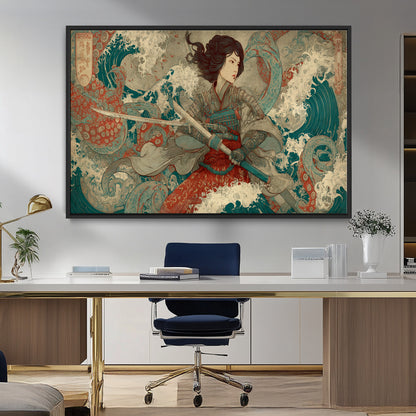 Tsukioka Yoshitoshi Samurai Wall Art Print, Japanese Katana Warrior Canvas Wall Art, Octopus Sea Monster Canvas Print,