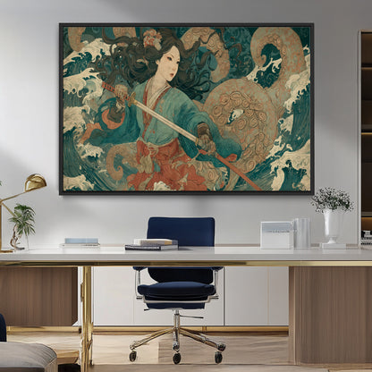 Tsukioka Yoshitoshi Samurai Wall Art Print, Japanese Katana Warrior Canvas Wall Art, Octopus Sea Monster Canvas Print,