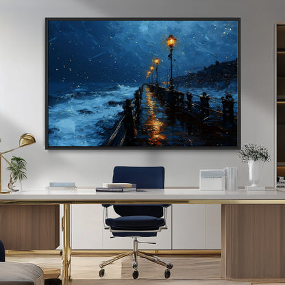 "Impressionistic painting of a rainy pier at night with glowing street lamps reflecting on the wet surface, ocean waves crashing under a dark blue sky."