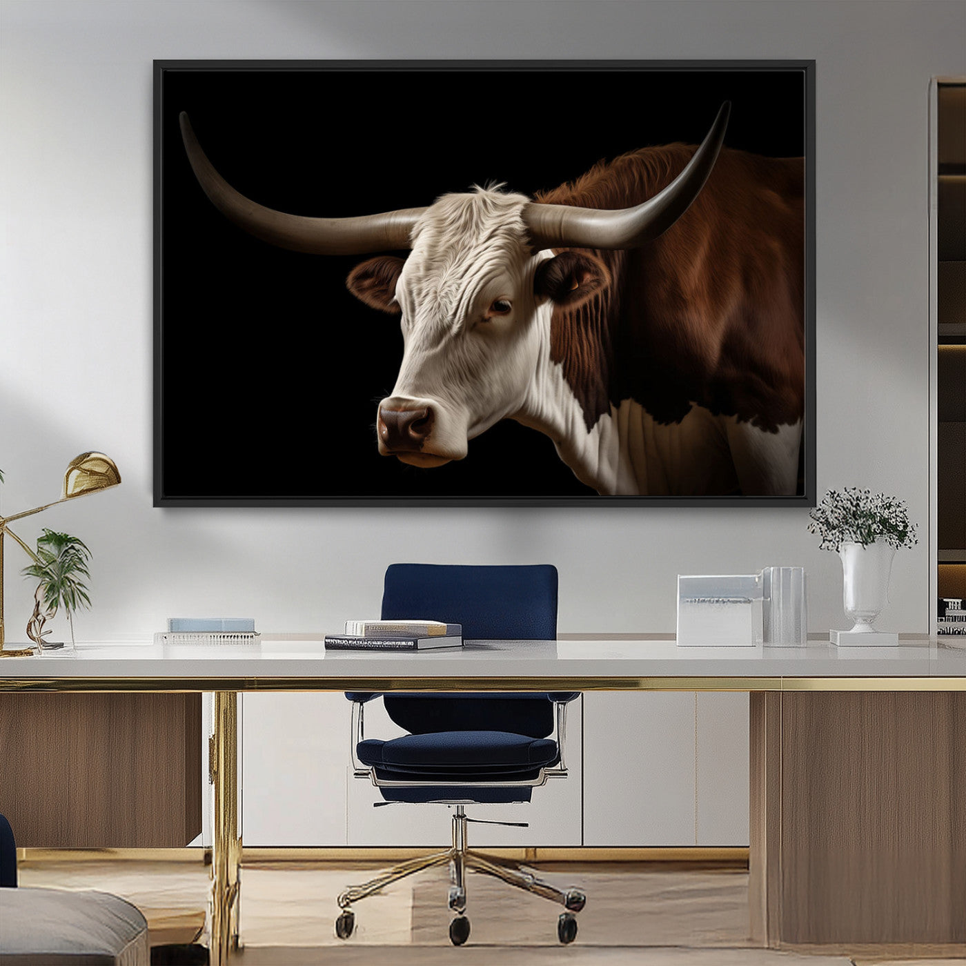 "Close-up of a brown and white longhorn cow with prominent curved horns against a black background."