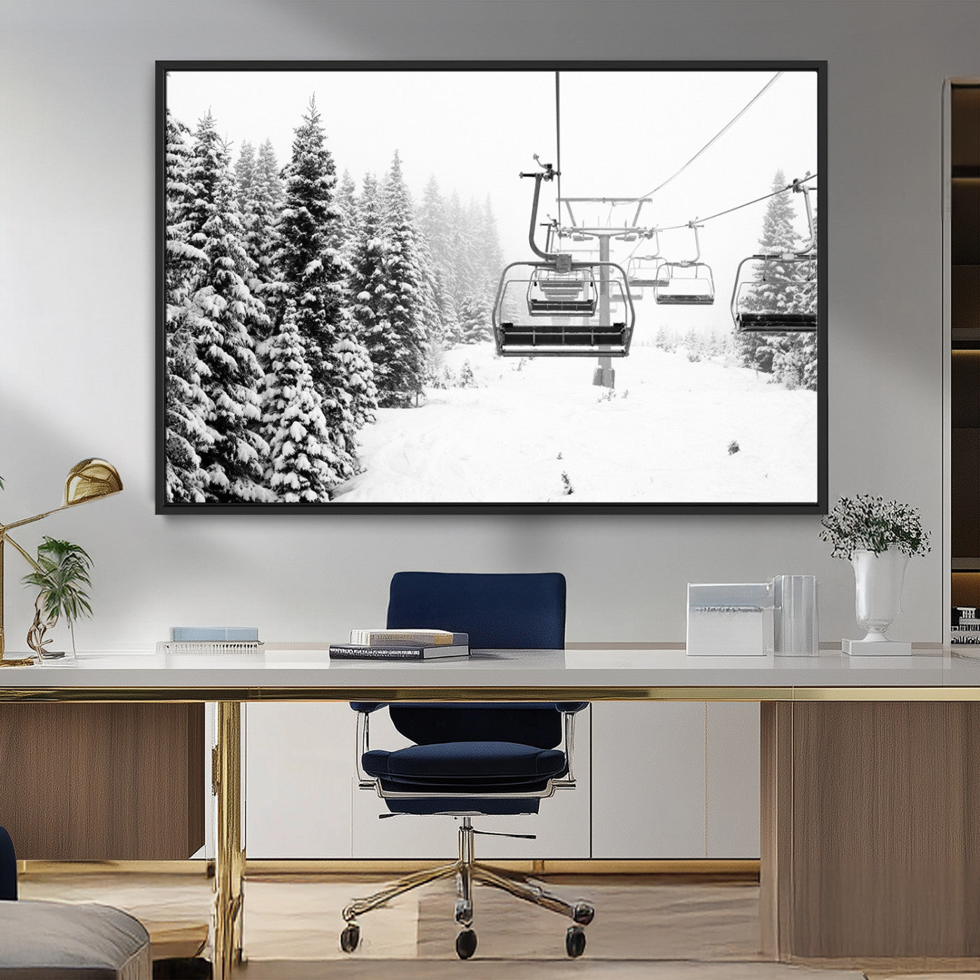 Black and white canvas of empty ski lifts over a snowy pine forest, perfect for minimal winter or ski lodge-inspired decor.