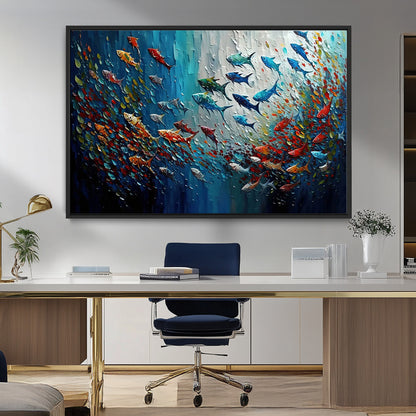Colorful painting of fish swimming in abstract ocean swirls, perfect for vibrant marine-themed or expressive coastal home decor.