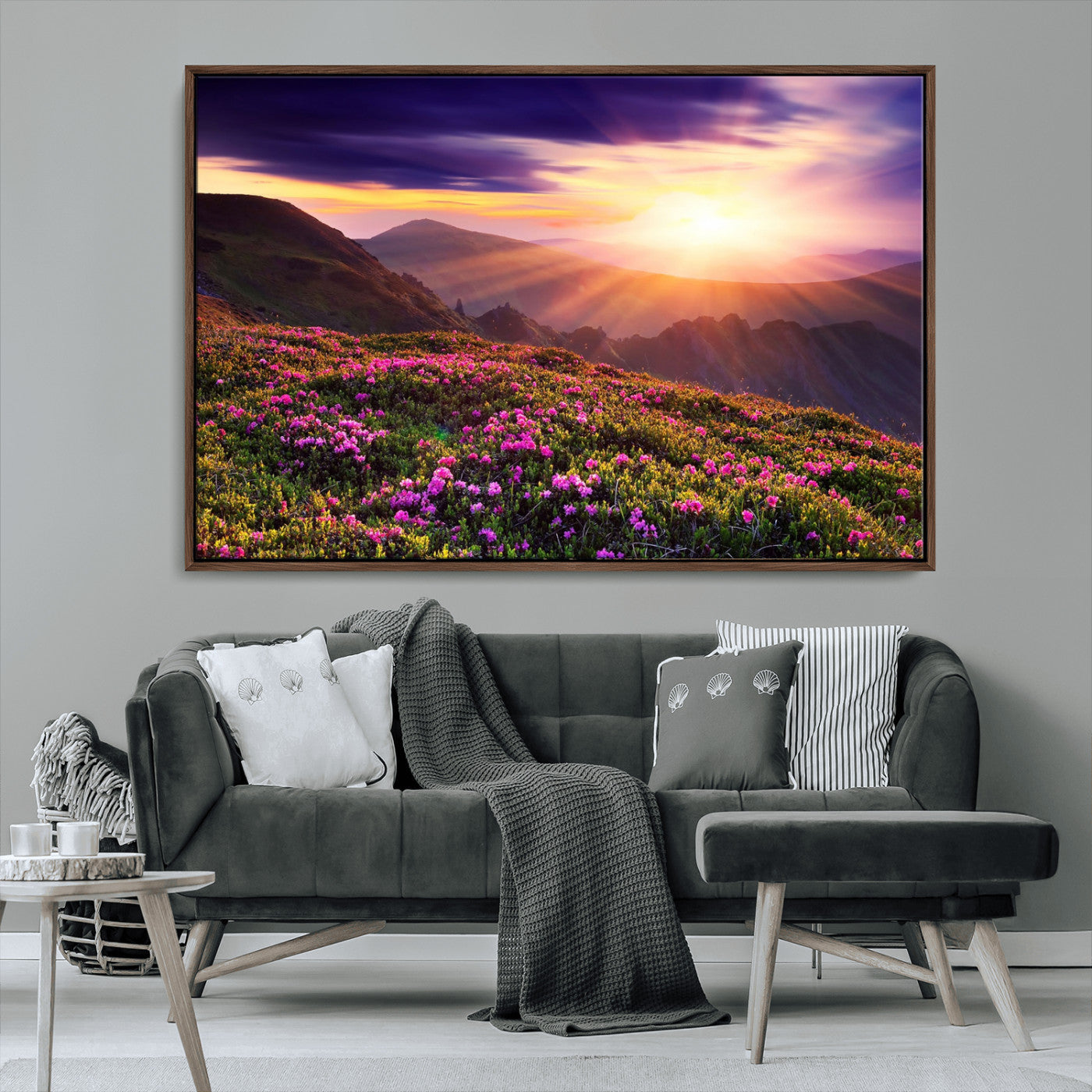 -Mountain Sunrise Wall Art – Vibrant Floral Landscape Canvas Print, Nature Home Decor for Living Room, Bedroom Office or Cabin