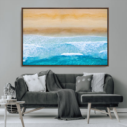 -Aerial Beach Wall Art – Serene Ocean Waves & Sandy Shore Canvas Print, Coastal Home Decor for Living Room, Bedroom or Office
