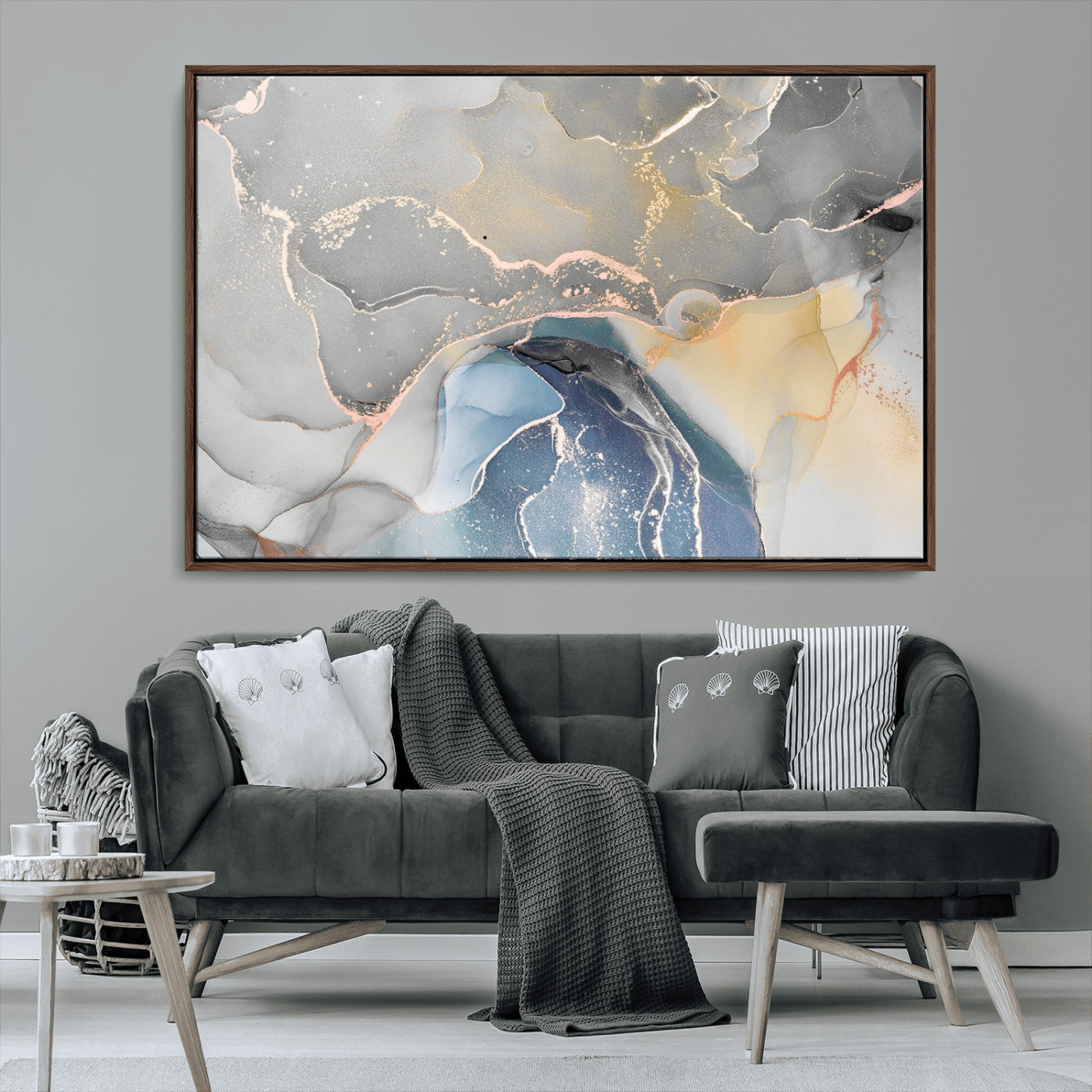 -Abstract Fluid Art Wall Decor – Blue, Gray & Gold Canvas Print, Modern Home and Office Wall Art Decor for Living Room, Bedroom or Workspace
