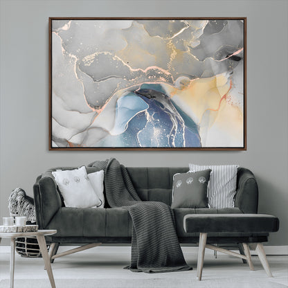 -Abstract Fluid Art Wall Decor – Blue, Gray & Gold Canvas Print, Modern Home and Office Wall Art Decor for Living Room, Bedroom or Workspace