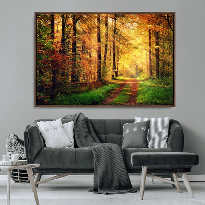 73494-MGV-CV-36X24-Golden Autumn Forest Path Wall Art – Sunlit Woodland Canvas Print, Fall Nature Landscape Home Decor
