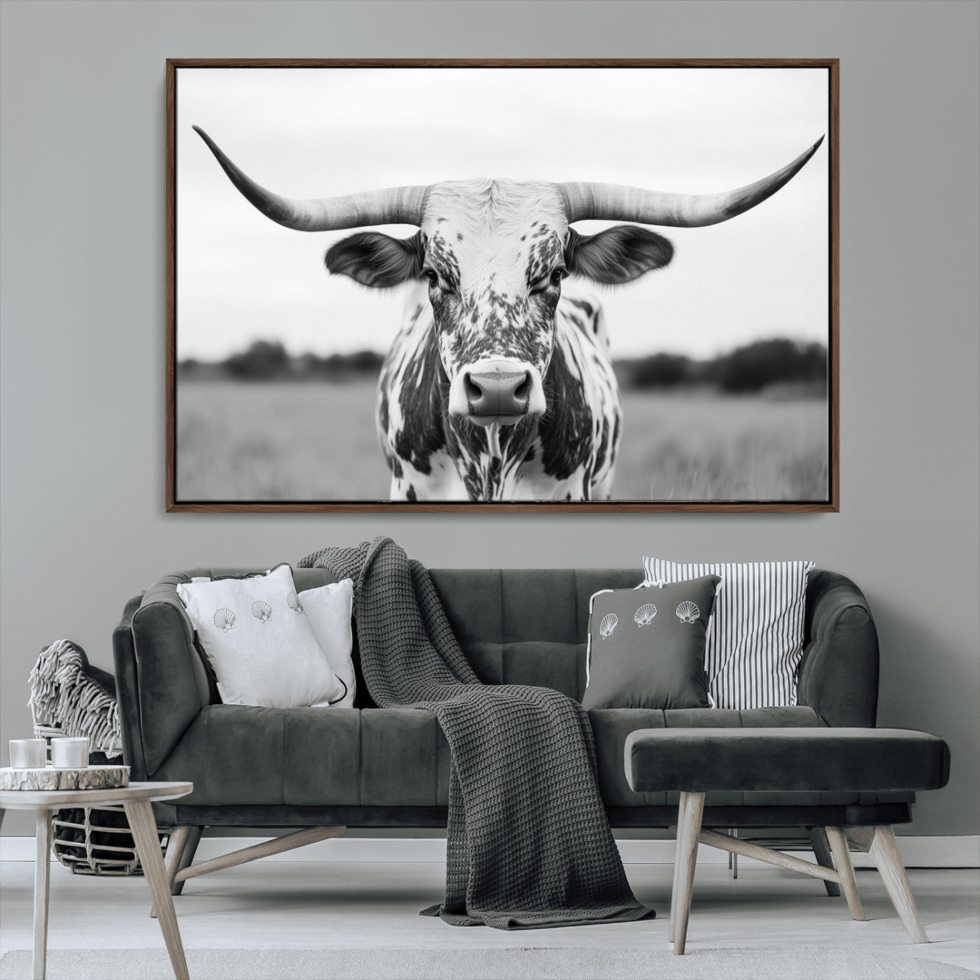 Capture the strength and elegance of nature with this striking black and white portrait of a longhorn cow. Its powerful presence makes a bold statement in any room.