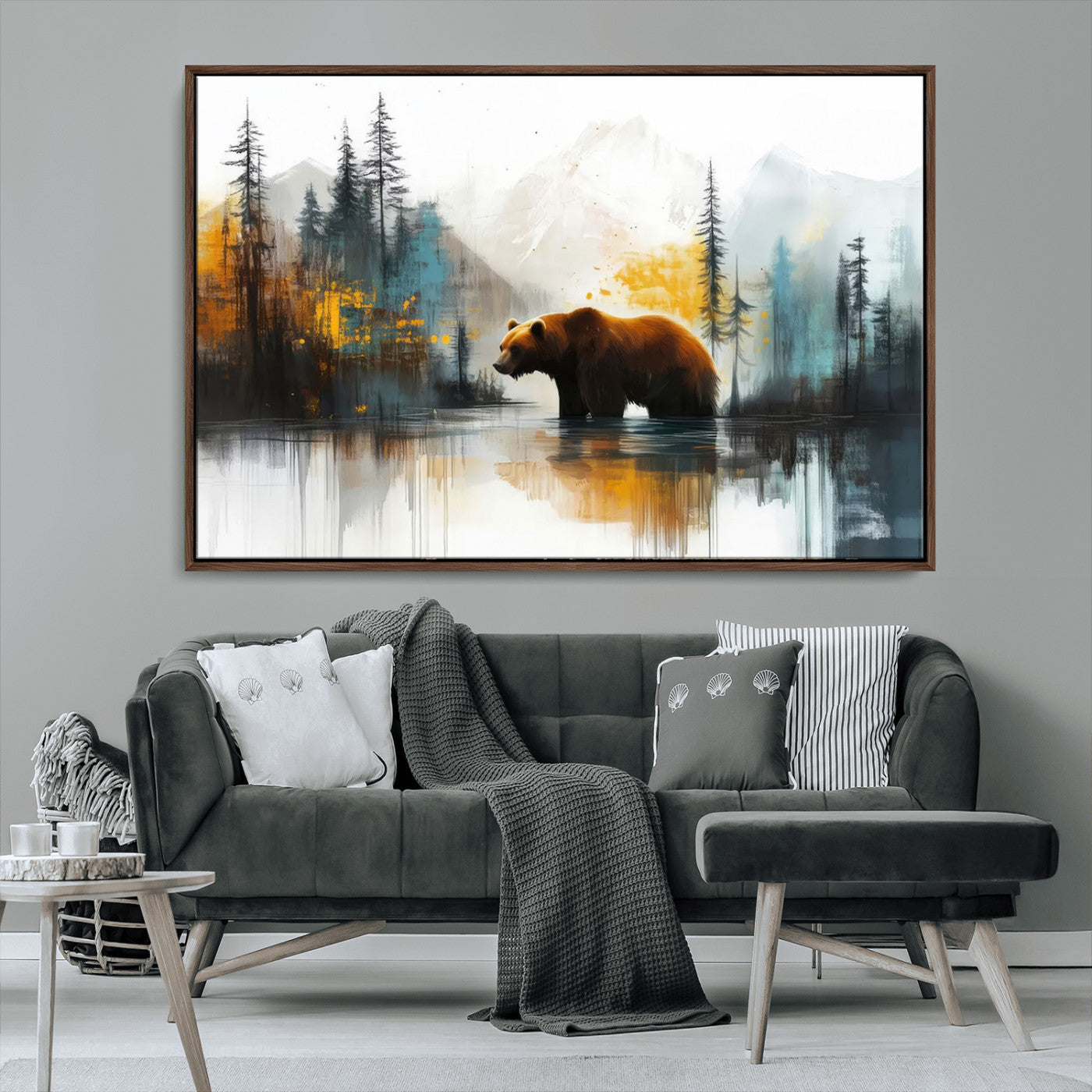 A majestic bear stands by the serene waters of a misty forest, surrounded by towering trees and distant mountains, evoking the raw beauty and wild spirit of nature.