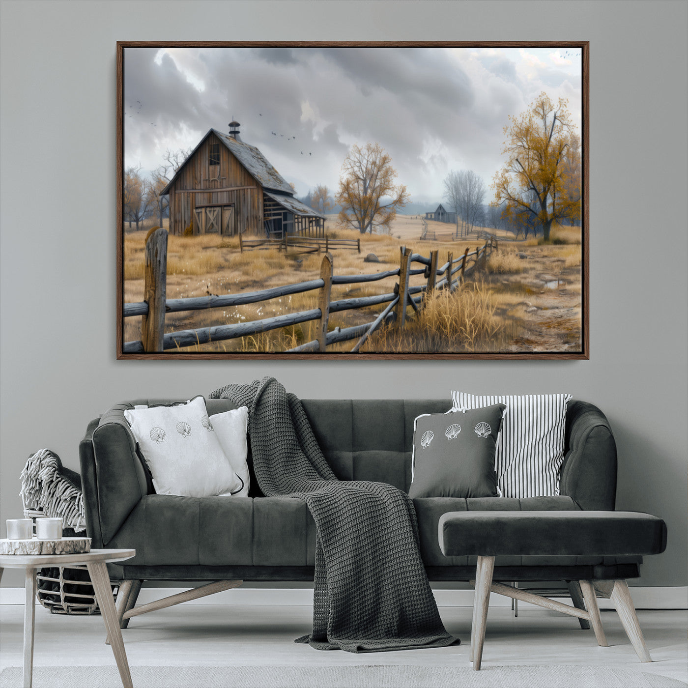 A tranquil rural scene featuring a rustic barn, overcast skies, and golden fields with scattered trees, evoking a sense of peaceful solitude in nature.
