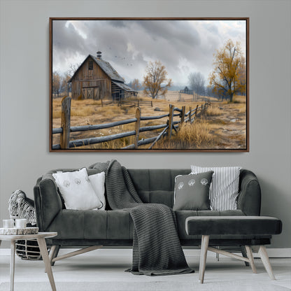 A tranquil rural scene featuring a rustic barn, overcast skies, and golden fields with scattered trees, evoking a sense of peaceful solitude in nature.