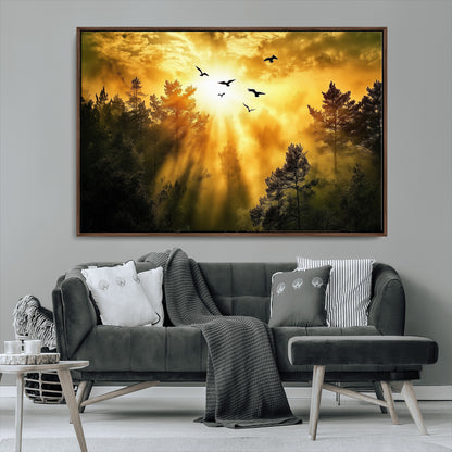 Canvas of a golden forest at sunset with birds flying through glowing sunbeams and silhouetted pine trees, ideal for warm-toned rustic decor.