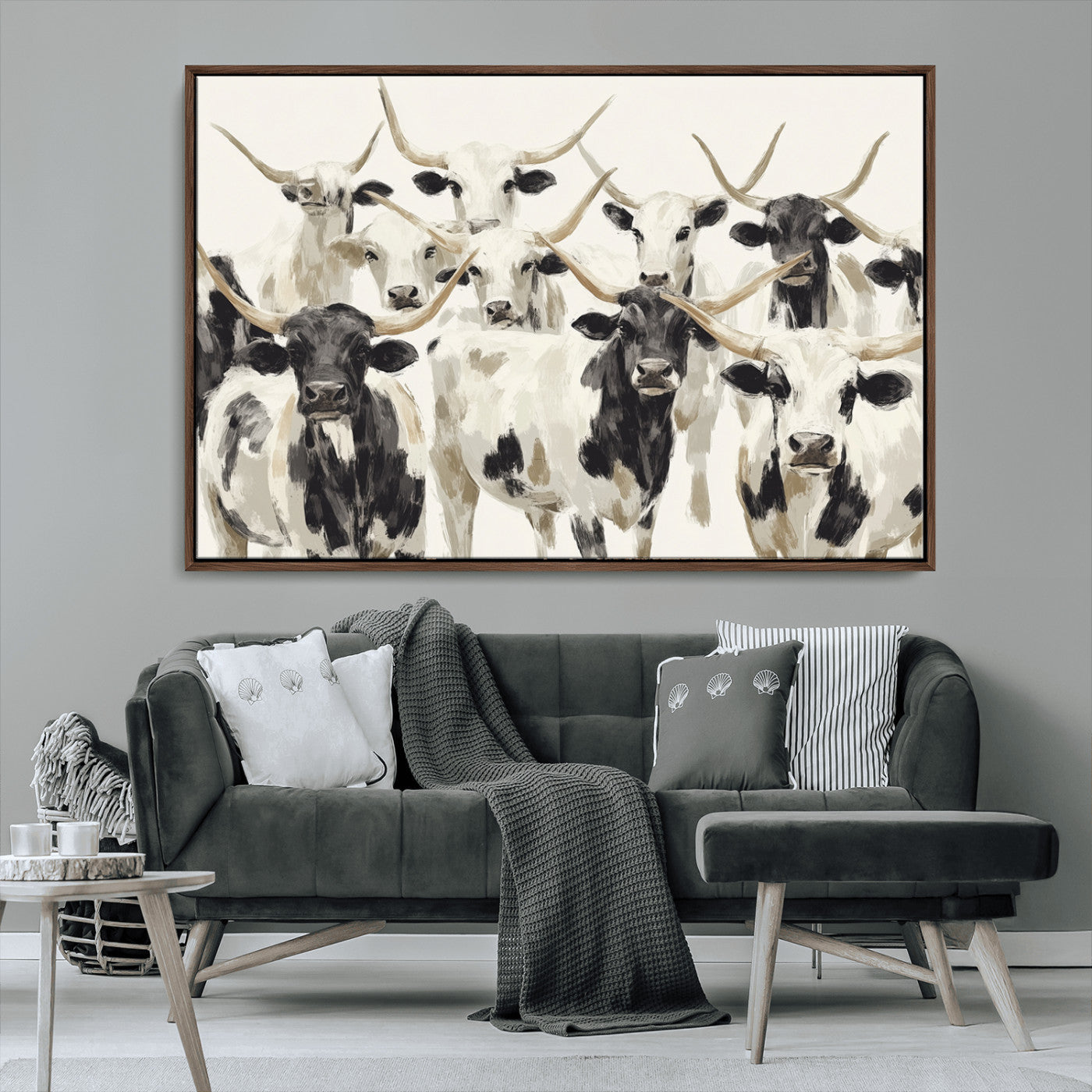 Canvas of a Texas Longhorn cattle herd in neutral black and white tones, ideal for rustic farmhouse or western-themed decor.
