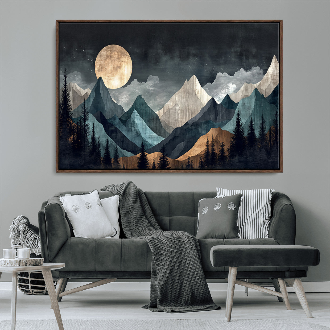 Stylized canvas of layered mountains under a full moon in neutral moody tones, ideal for nature-inspired or modern rustic interiors.
