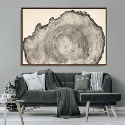 Detailed tree ring drawing in monochrome tones, ideal for rustic or nature-inspired interiors with a minimal decor aesthetic.