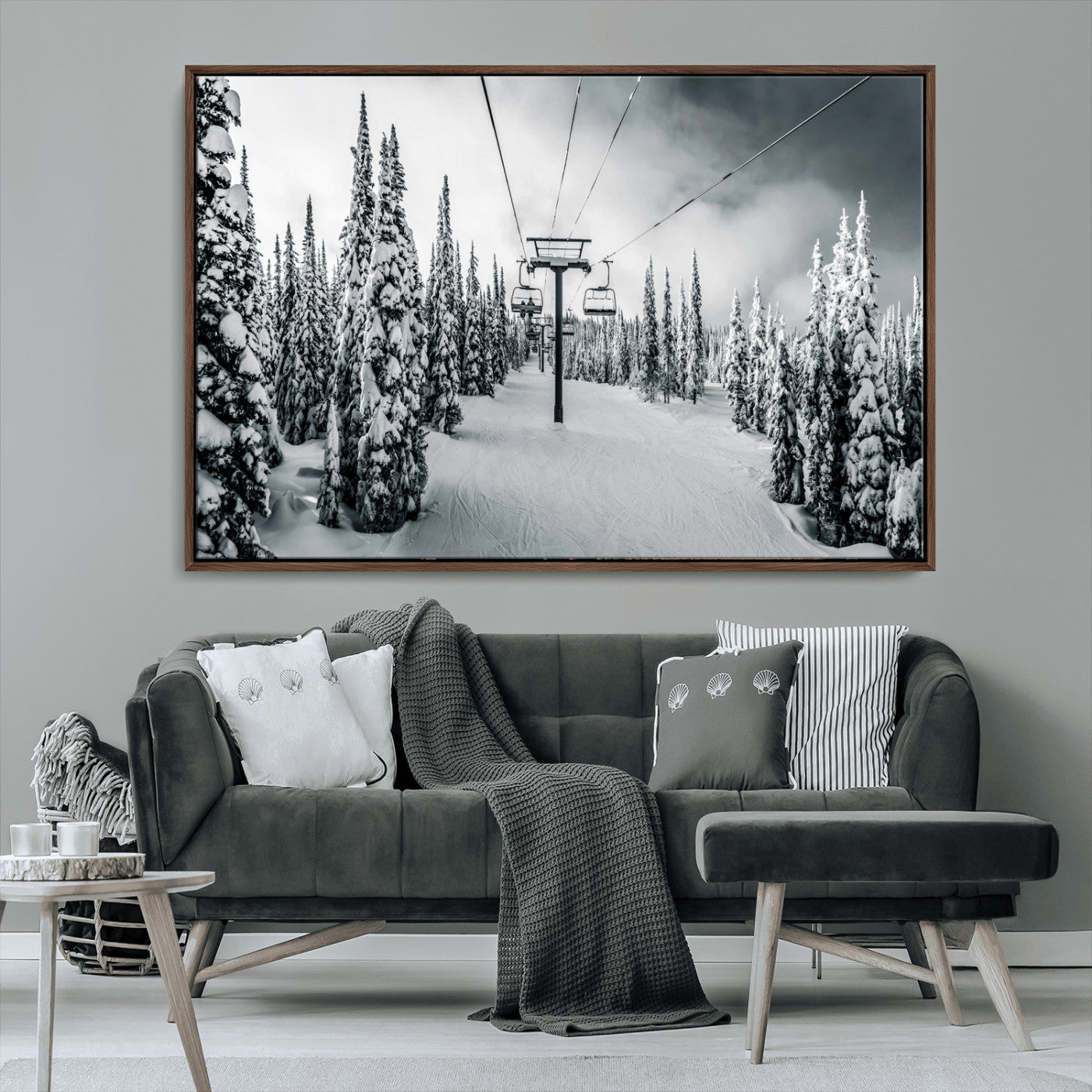 Canvas of a snowy ski lift scene through a forest of tall pine trees, ideal for moody winter or alpine-themed home decor.
