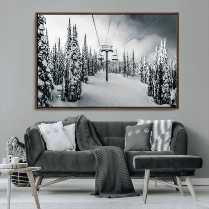 Canvas of a snowy ski lift scene through a forest of tall pine trees, ideal for moody winter or alpine-themed home decor.