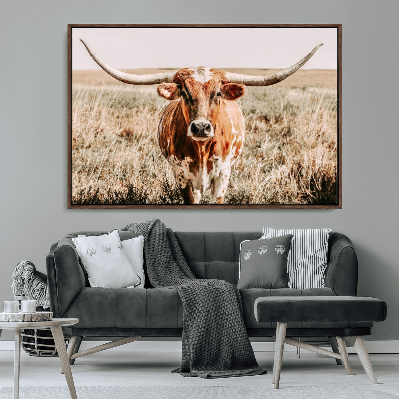 Framed longhorn cow canvas wall art with rustic prairie background, western animal print perfect for farmhouse or ranch style decor
