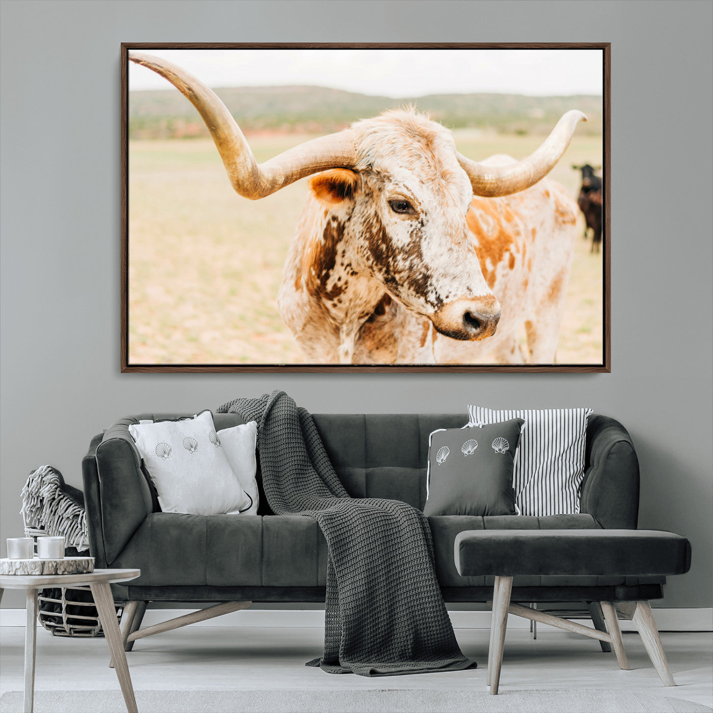 Close-up of a speckled Texas Longhorn in warm prairie tones, perfect for rustic western or countryside-themed room decor.