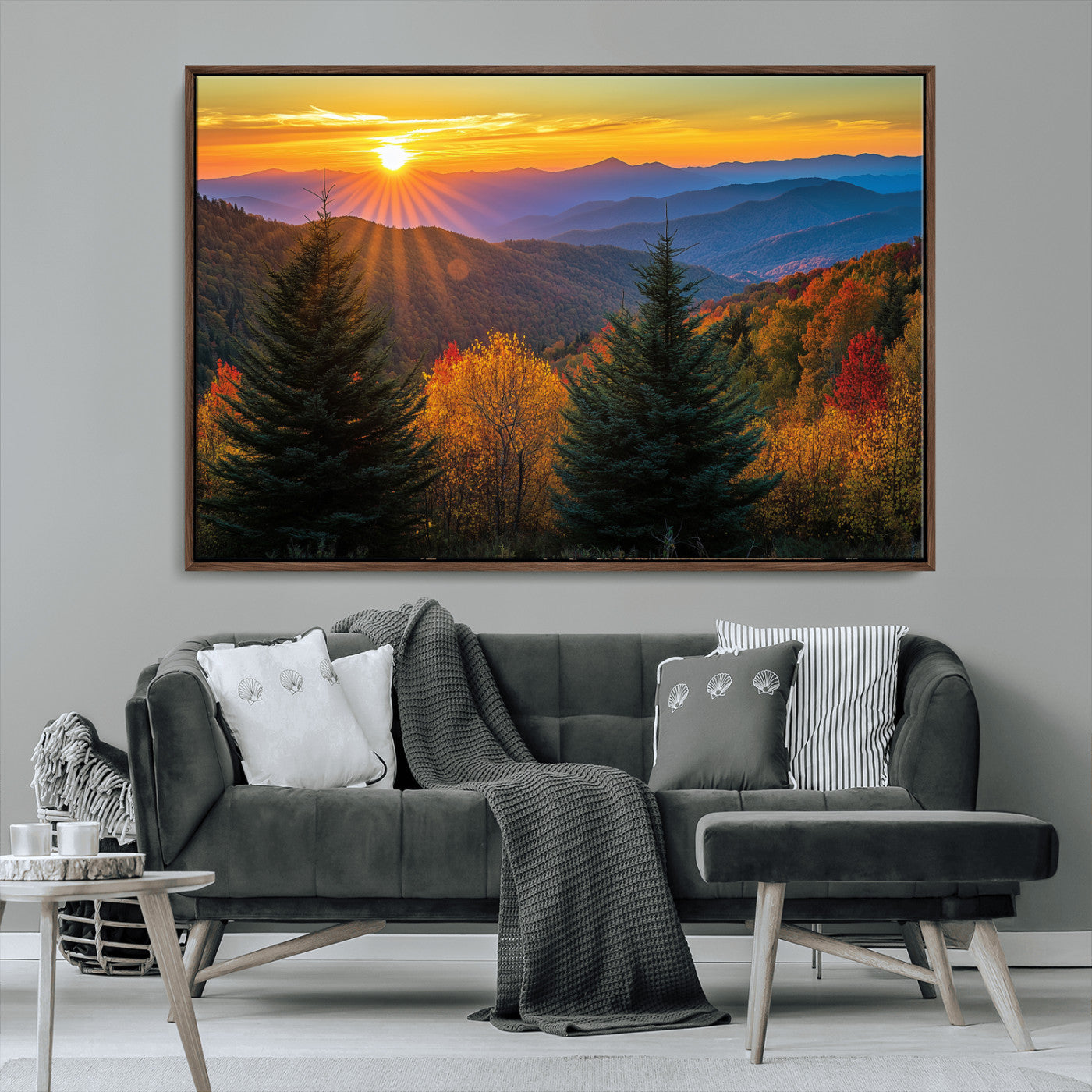 Vibrant sunset over autumn mountains with colorful trees and warm light, ideal for nature lovers or cabin-style wall decor.
