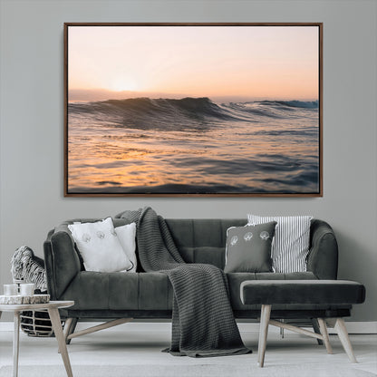Framed canvas of ocean waves glowing in sunset light, ideal for golden hour calm or peaceful coastal-inspired wall decor.