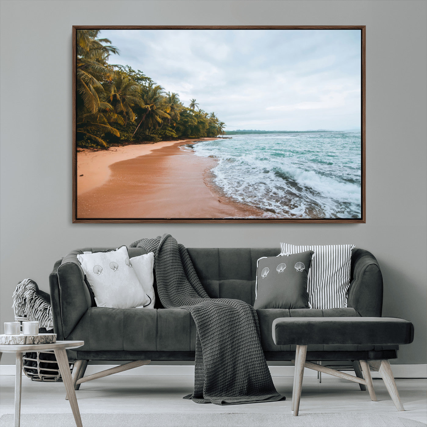 Framed canvas of a tropical beach with palm trees and soft waves, ideal for coastal escape or serene nature-inspired home decor.